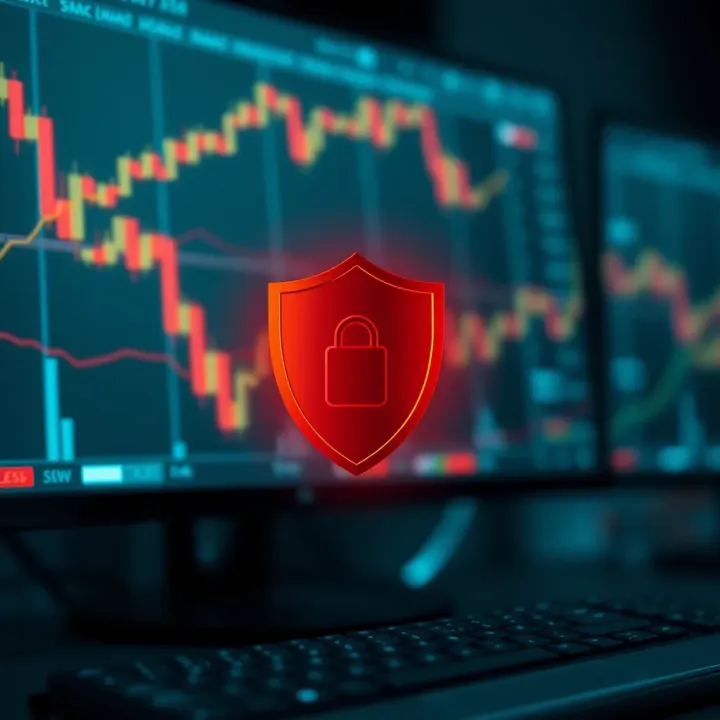 Security shield icon overlaying a computer representing safe trading environment