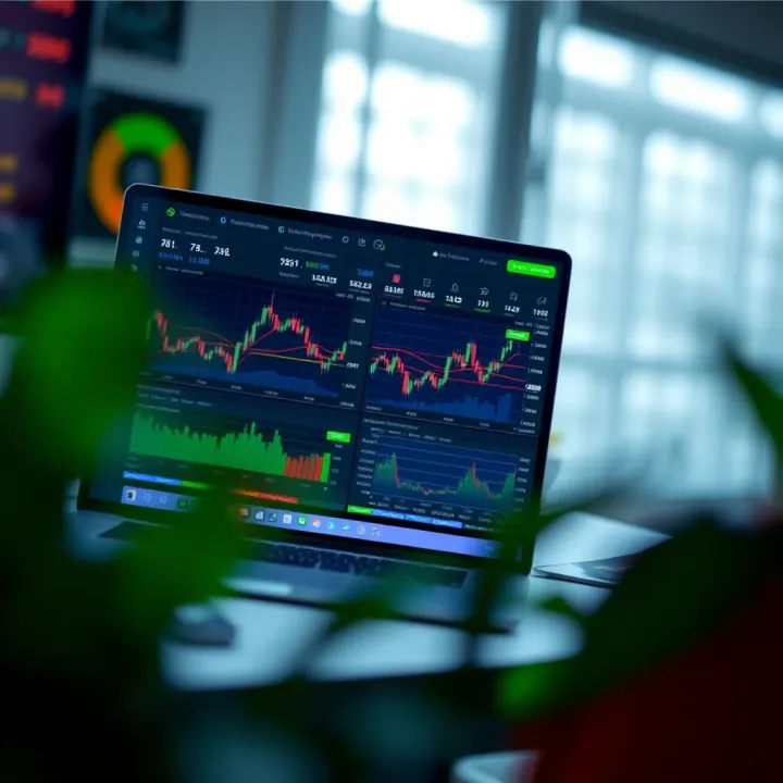 Laptop screen displaying trading app interface with charts and market data