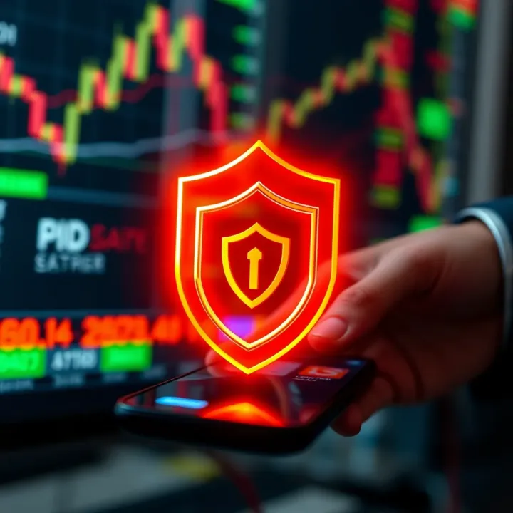 Security Features in Easy Trading Apps Secure digital shield icon overlaying a smartphone displaying stock market data, symbolizing app security and protection