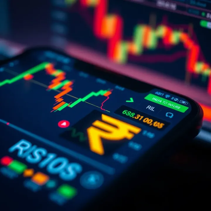 Mobile phone displaying forex trading charts and candlestick patterns with Indian Rupee symbol