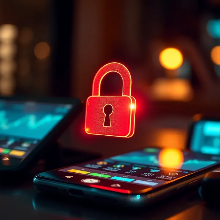 Secure digital lock symbol overlaid on a mobile device indicating data protection in trading apps