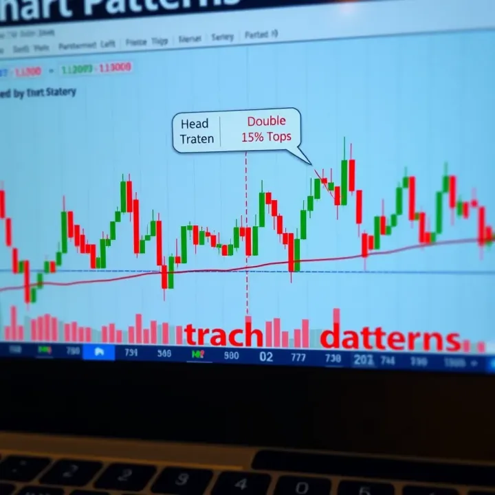 Illustration of various chart patterns including head and shoulders, triangles, and double tops on a stock market graph