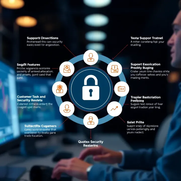 Diagram illustrating security features and support channels available for Quotex users in India
