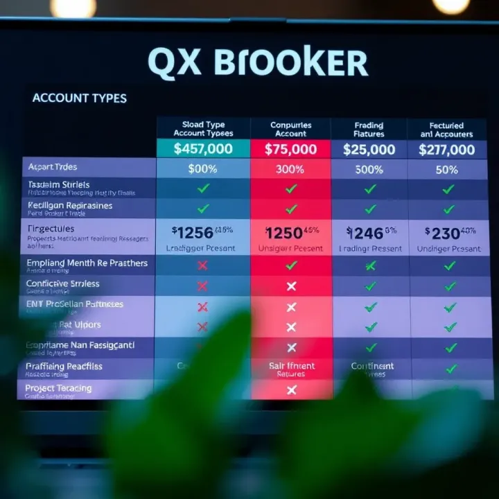 Comparison chart showing different account types and features offered by QX Broker
