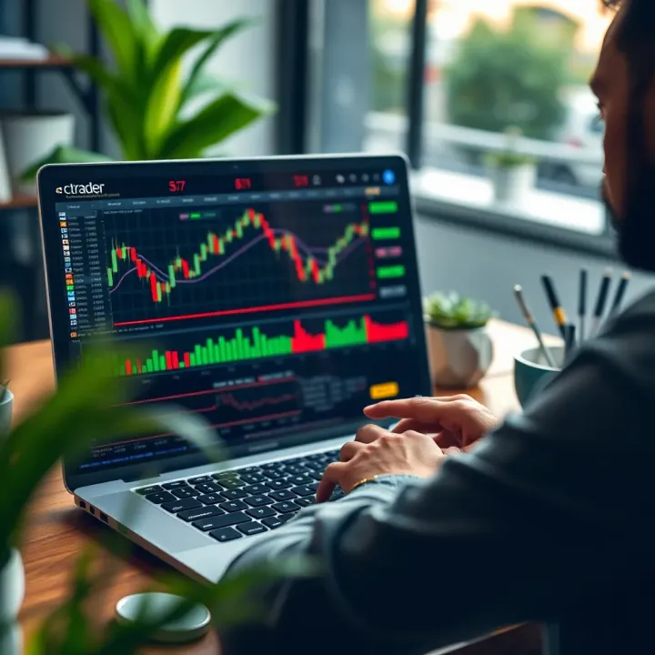 Trader analyzing market charts on cTrader platform displayed on a laptop