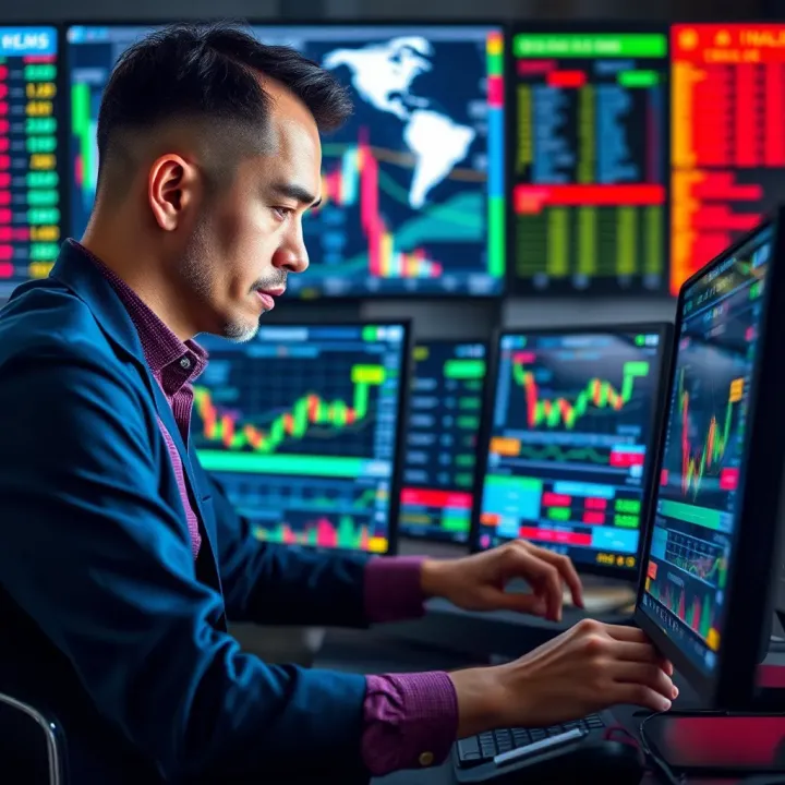 Illustration of a successful trader analyzing stock data on multiple screens