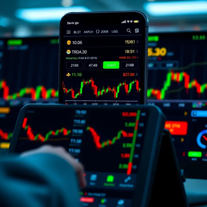 User interface of Deriv Go mobile trading app showing various financial instruments available for trading