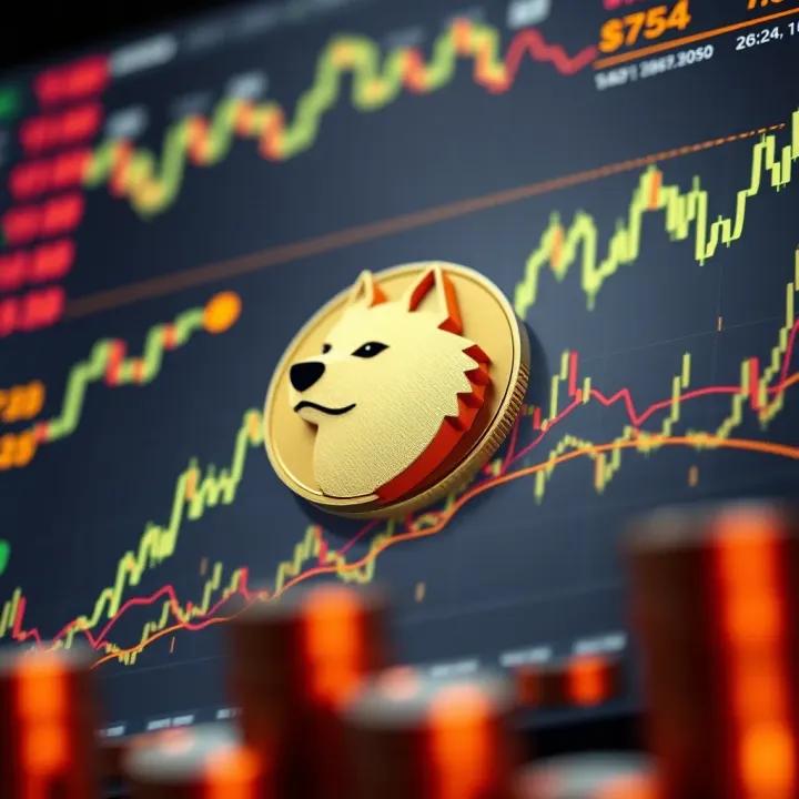 Digital representation of Dogecoin symbol surrounded by rising cryptocurrency graphs