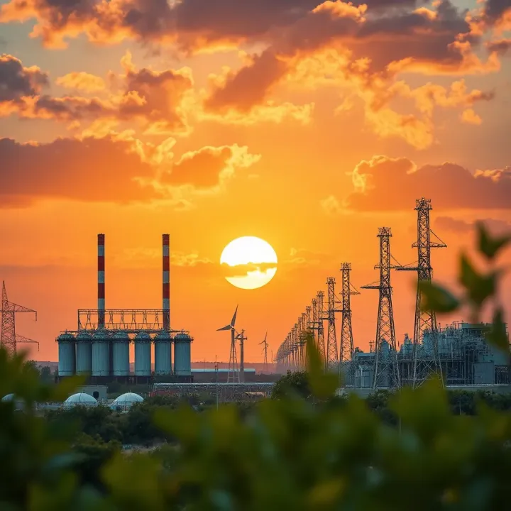 Illustration of energy sector elements including power plants and financial charts
