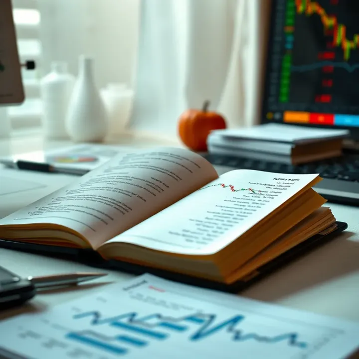 Open eBook on a desk with charts and notes related to Indian stock market