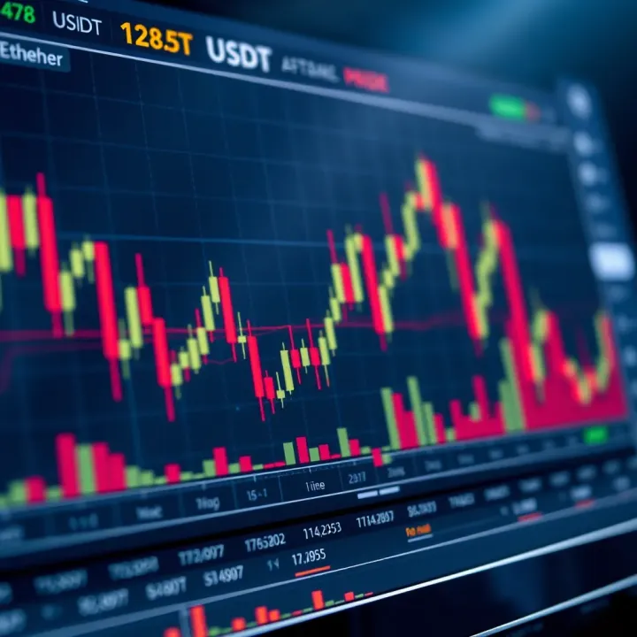 Graph showing Ethereum price trend against Tether with candlestick patterns and volume indicators