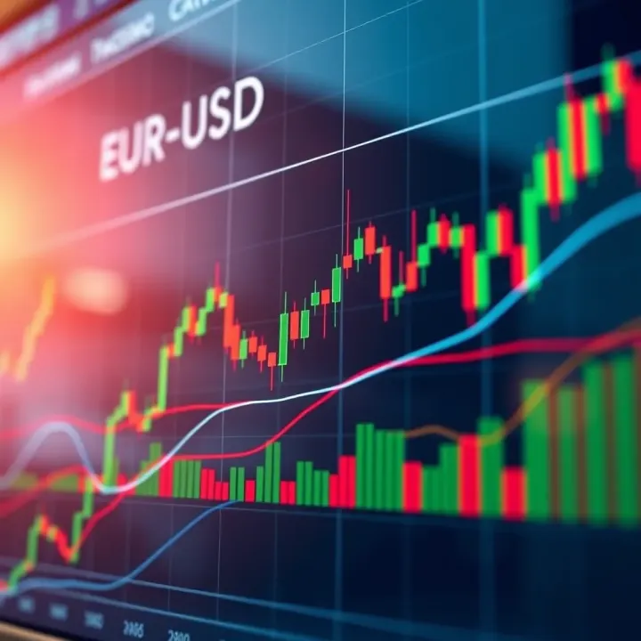 Graph showing the EUR/USD currency pair fluctuating with candlestick patterns and trend lines