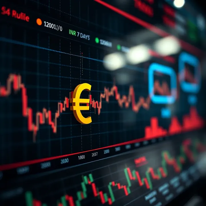Graph showing fluctuating Euro to Indian Rupee exchange rate with economic indicators