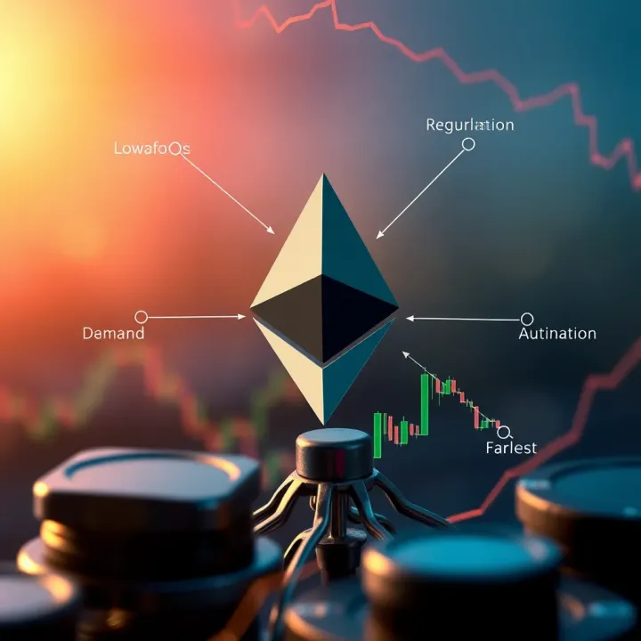 Illustration of factors impacting Ethereum's value including blockchain technology, market demand, regulations, and economic indicators