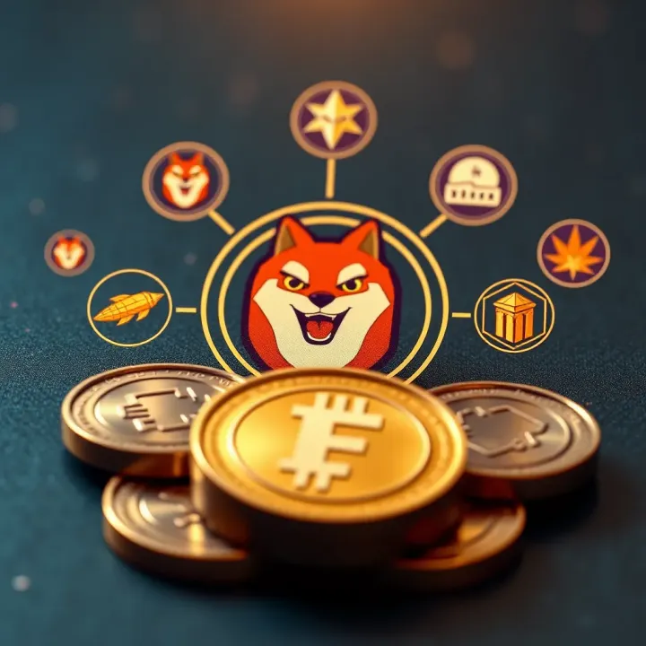 Illustration of digital tokens with Floki Inu logo surrounded by various factors influencing cryptocurrency values
