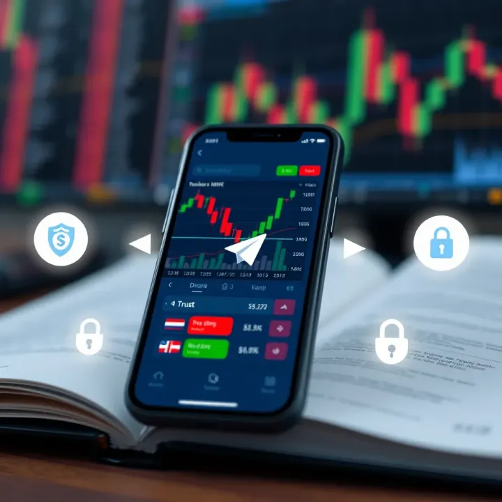 Illustration of a smartphone displaying stock market charts alongside trust indicators and secure communication symbols