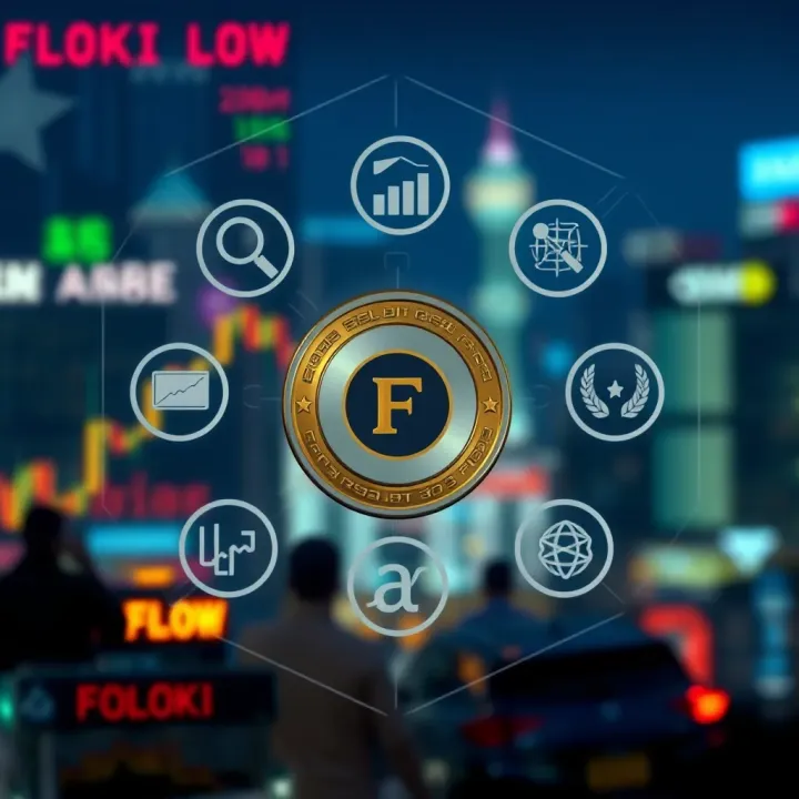 Illustration of Floki token surrounded by icons representing market factors and investment insights