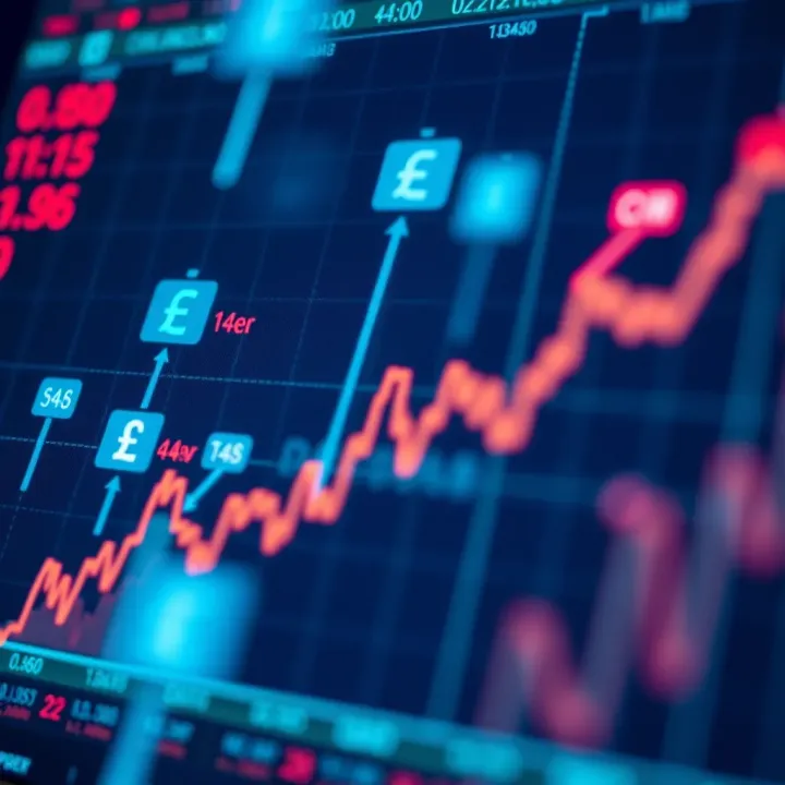 Graph depicting currency exchange rates with upward trend lines and forex trading symbols