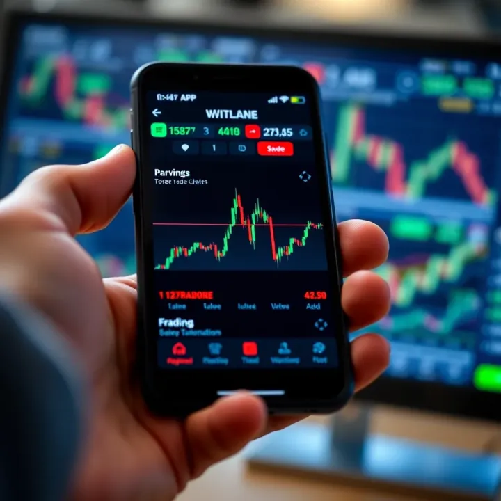 Mobile phone displaying a forex trading application interface with currency charts and trade options