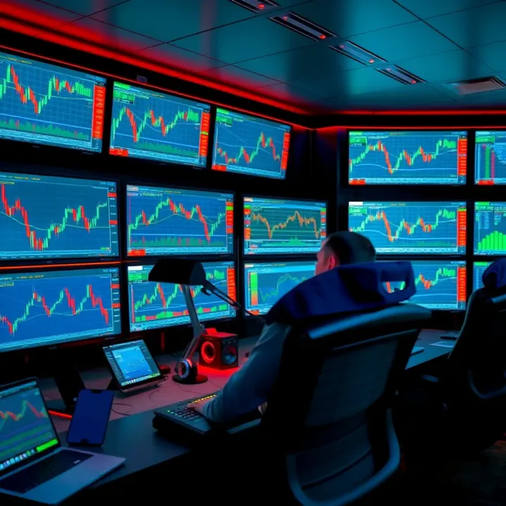 High-tech trading setup with multiple monitors showing forex charts and financial data
