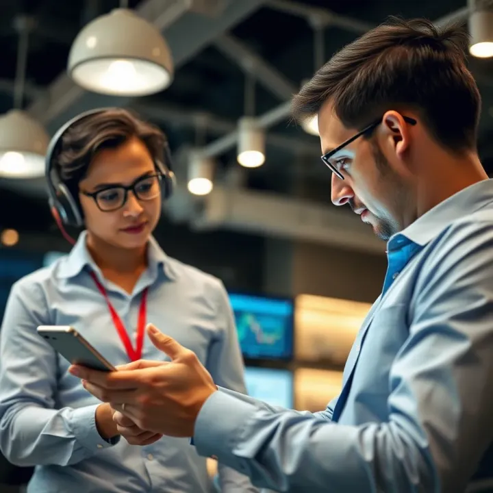 Illustration showing a business representative demonstrating a product to a client on a digital device