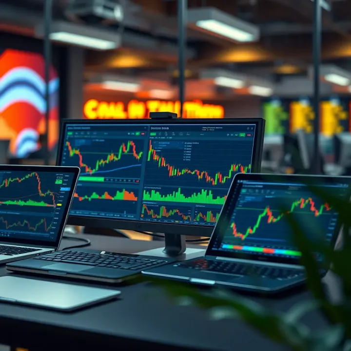 Graphic showing multiple digital devices with stock charts and affiliate program icons