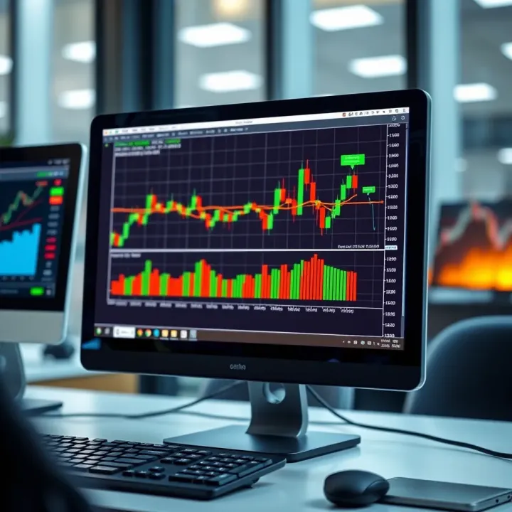 Computer screen displaying a simulated trading platform with graphs and virtual currency
