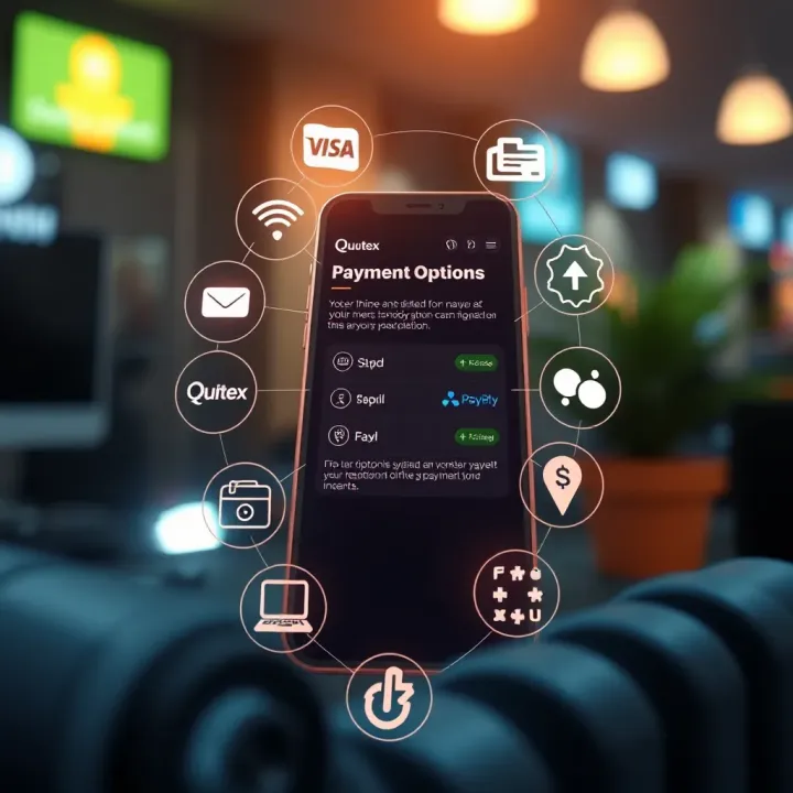 Digital Payment Options on Quotex Platform Illustration showing various digital payment icons surrounding a smartphone screen