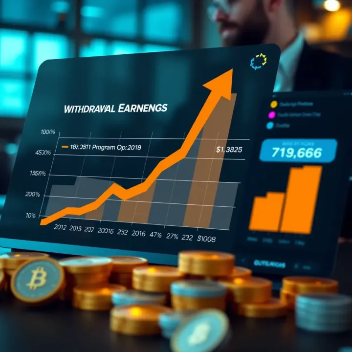 Graphic displaying increasing earnings with referral program incentives and withdrawal options