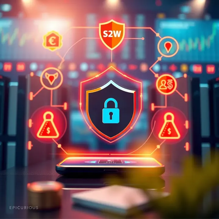 Illustration of a secure mobile trading environment with digital shield and financial icons symbolizing safety and trust