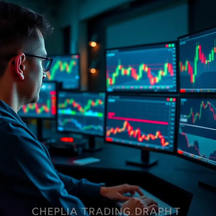 Simulated Financial Charts for Practice Trading Trader analyzing financial charts on multiple screens in a simulated environment