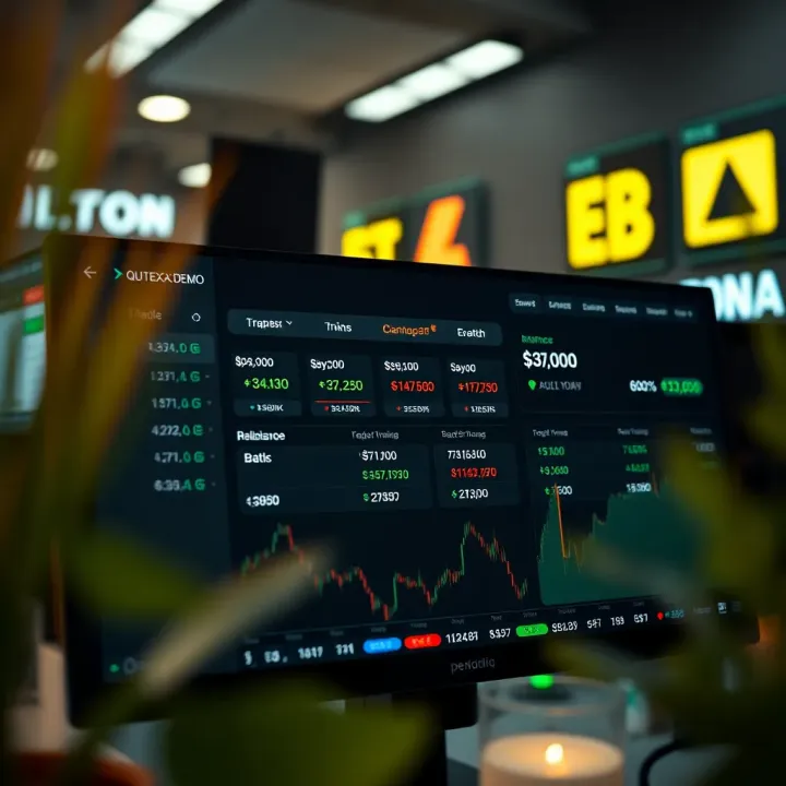User interface of Quotex.com demo account dashboard showing trading options and balance