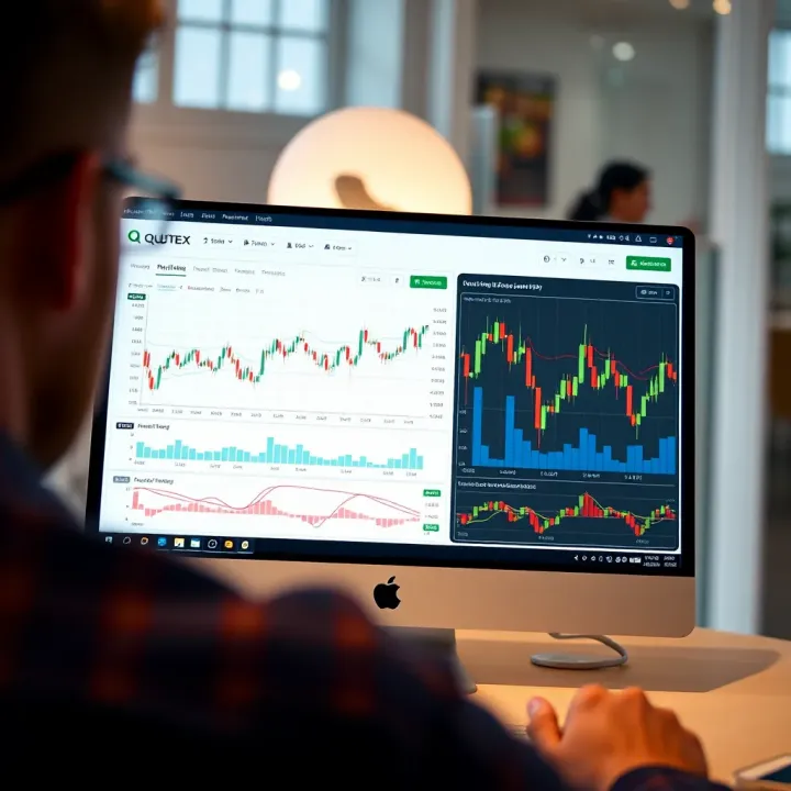 User interface of the Quotex demo account showing trading dashboard with charts and tools