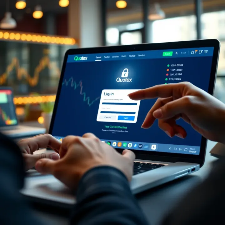 User logging into Quotex platform on a laptop with secure authentication