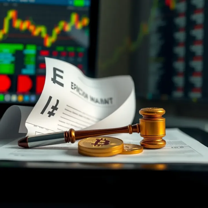 Visual representation of legal documents and digital currency symbols highlighting online trading risks