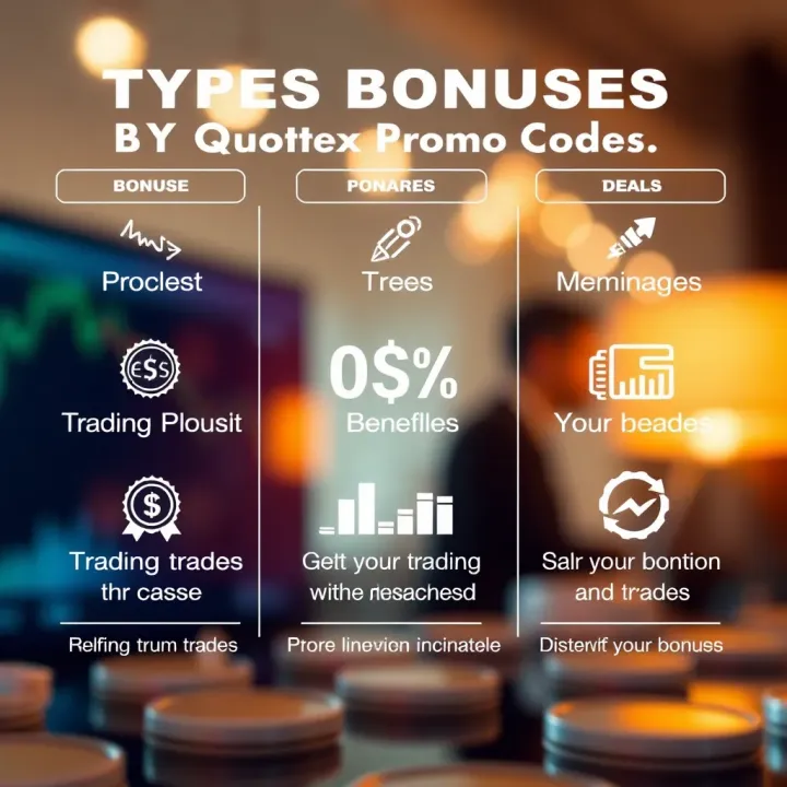Graphic depicting different types of bonuses available through Quotex promo codes with icons representing rewards and trading benefits