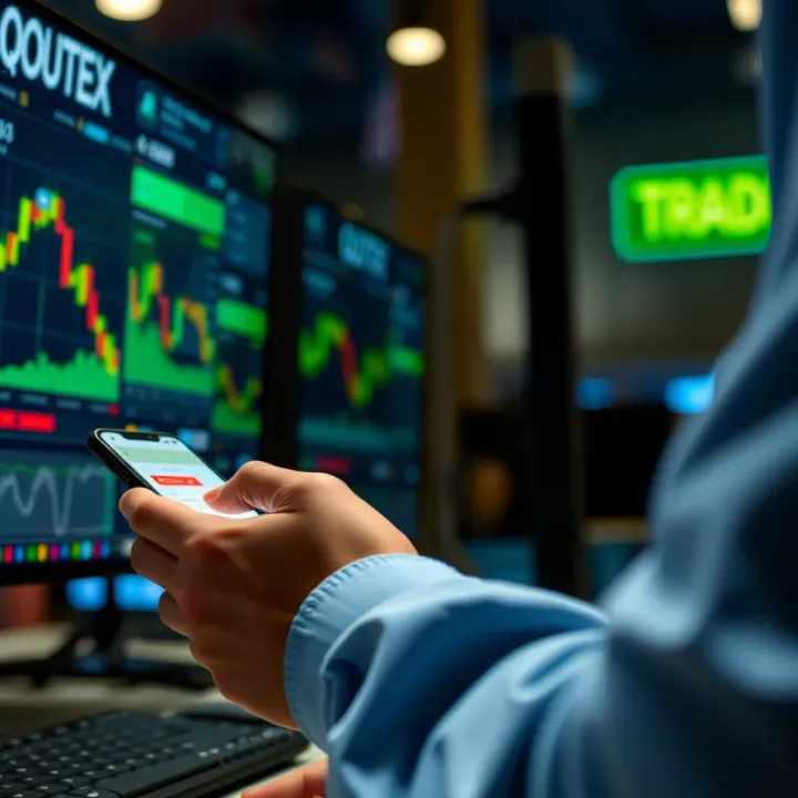 Illustration showing a trader using a mobile device to enter a promo code on the Quotex trading platform interface