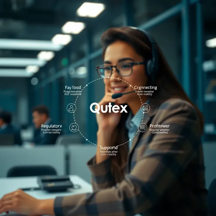 Diagram illustrating the regulatory framework and support services offered by Qutex Broker