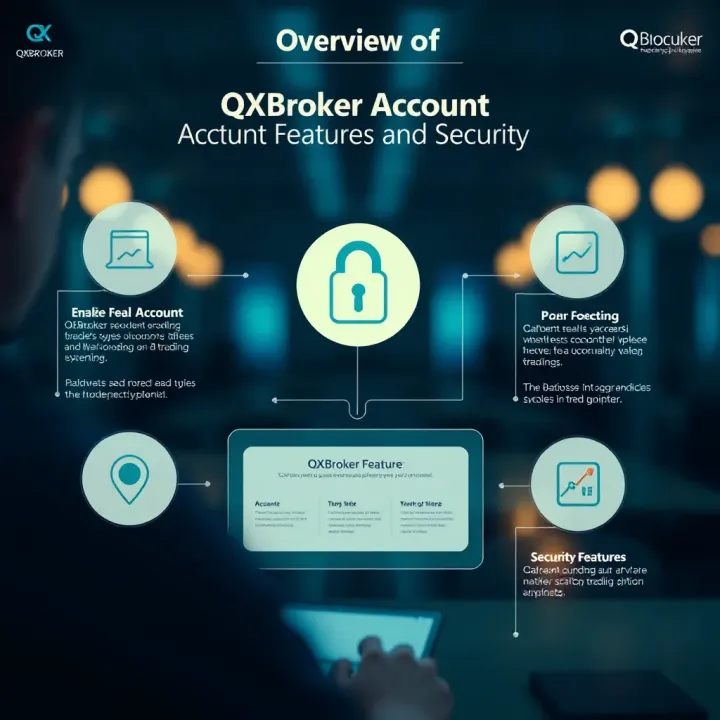 Diagram illustrating QXBroker account types, fee structure, and security features