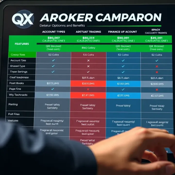 Comparison chart displaying different account types and their features offered by QX Broker