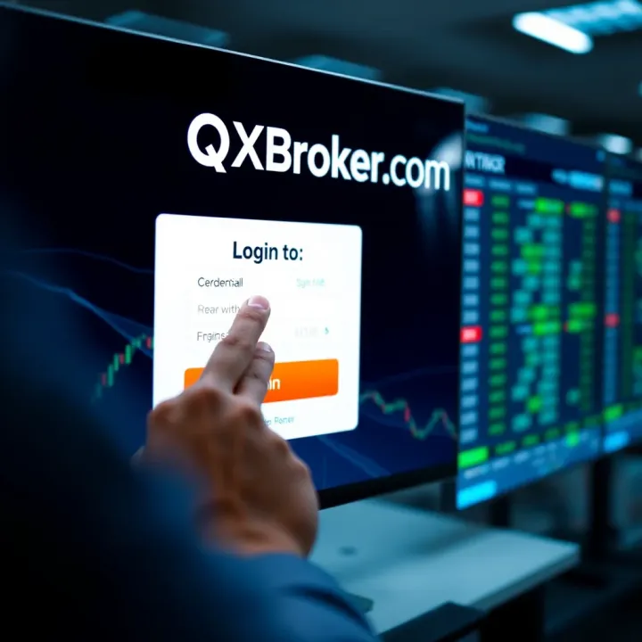 User entering credentials on a secure login interface for QXBroker.com