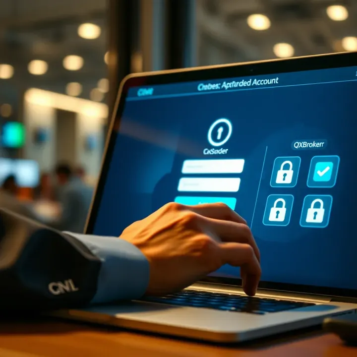 User securely entering credentials on the QXBroker login page with security icons visible