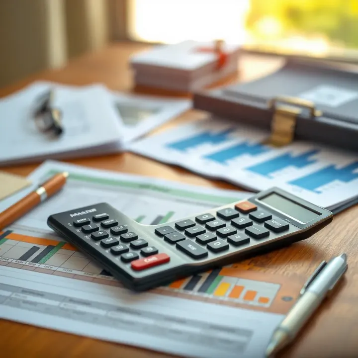 Financial documents and calculator placed on a wooden desk representing loan calculations and financial planning
