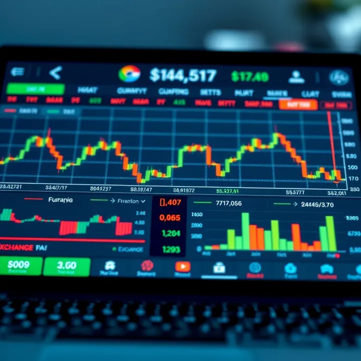 User interface displaying a forex trading app with currency exchange charts and trade options