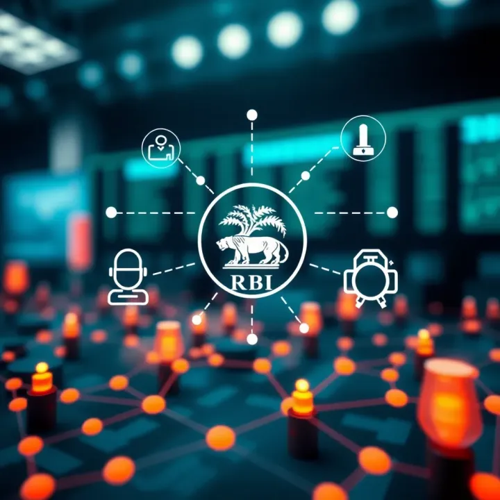 Conceptual graphic showing digital connectivity and compliance symbols representing RBI regulations in Indian trading platforms