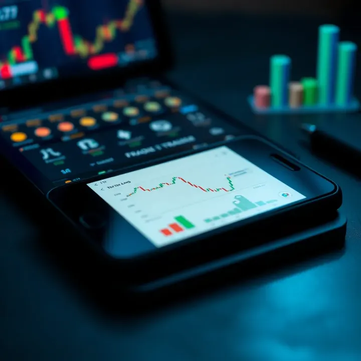 Mobile device displaying a secure trading application interface with financial charts and security icons