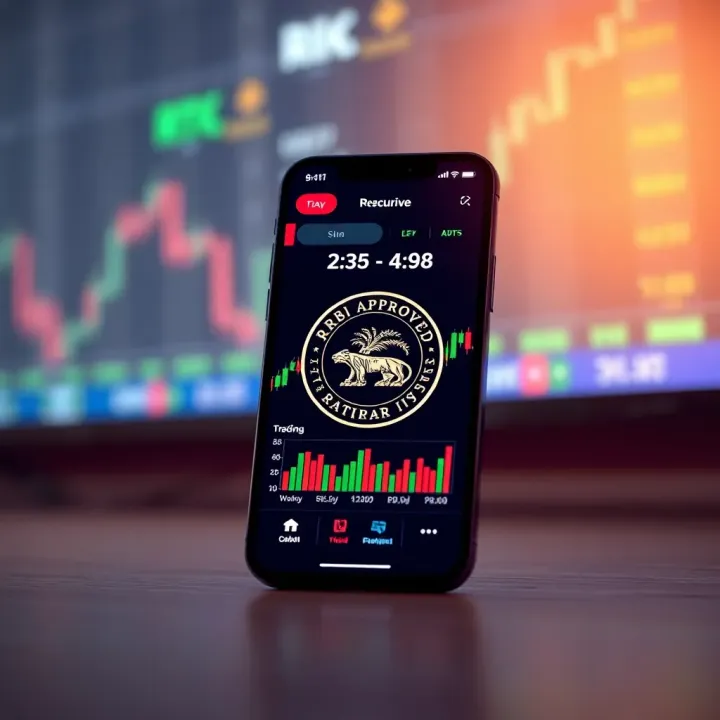 Smartphone displaying a secure trading app interface with financial charts and RBI approval badge