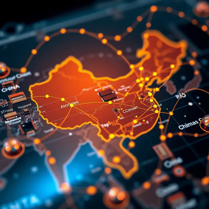 A detailed map showing China's semiconductor supply chain connections and trade routes