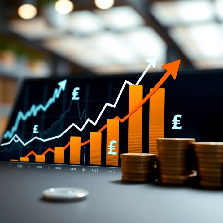 Illustration of financial growth symbols including charts, arrows and currency icons representing market dynamics