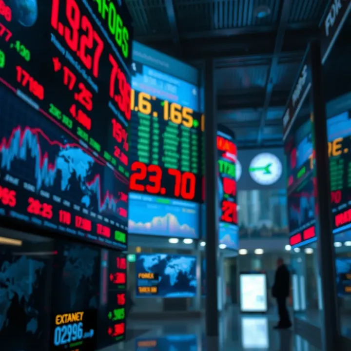 Global currency exchange rates displayed on digital screens representing forex market activity